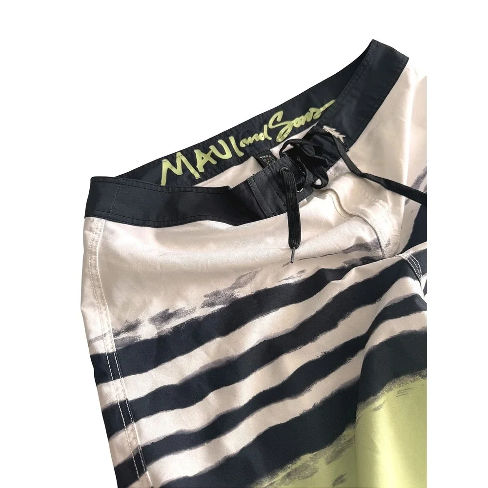 Maui and Sons Mens Board‎ Shorts Size 38 Lime Green Black Striped Swim Trunks XL